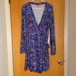 Lilly Pulitzer Rilla Romper Wrap Dress Womens XL Purple Berry Conga Long Sleeve